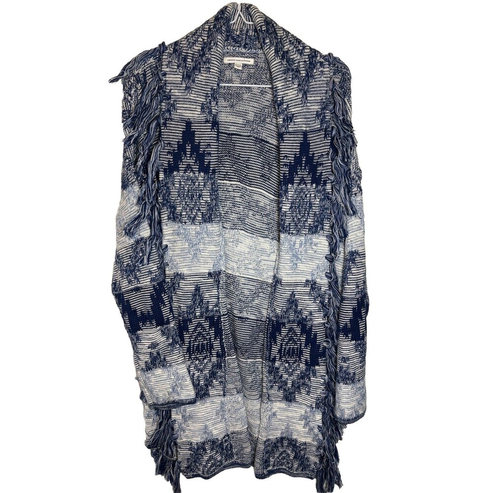 American Eagle Cotton Blue & White Open Fringe Cardigan Sweater Women's Medium